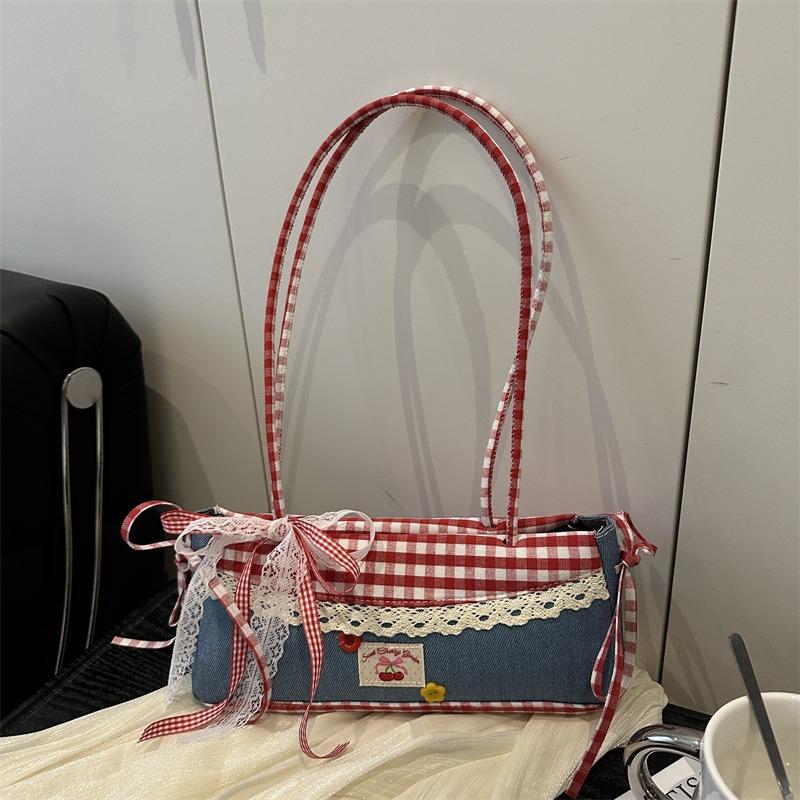 New Lace Plaid Versatile Shoulder Cloth Bag Handheld Student Underarm Baguette Women's Large Capacity