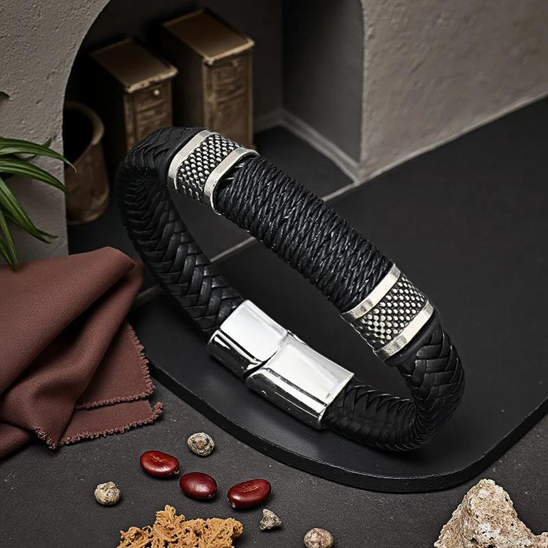 

New Unique Men Bracelet Bangle Handmade Braided Leather Braslet Black Silver Color Wrap Braclet Perfect Gift For Him Accessories