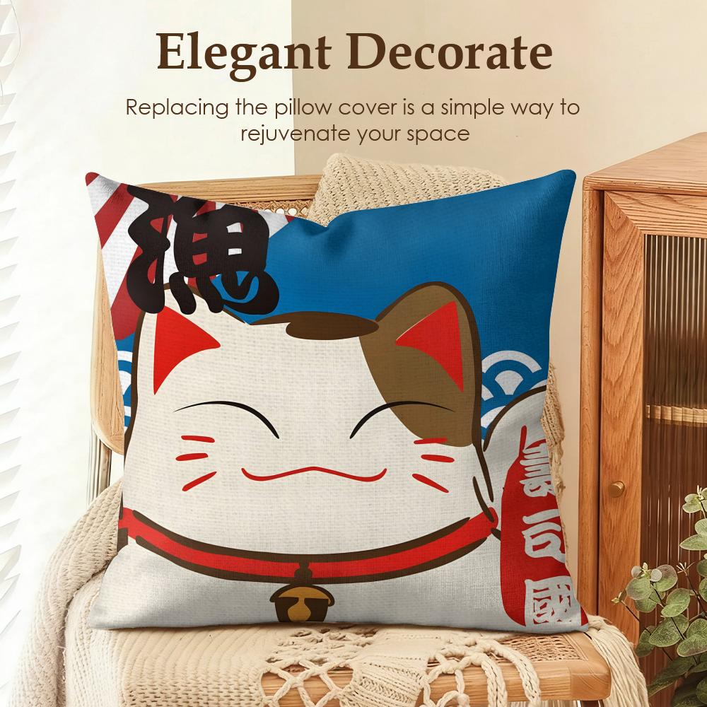 Japenes ManekiNeko Cushion Cover Natural Linen Organic Fabric DoubleSided Printing Sofa Home Decor Gift Pillow Case