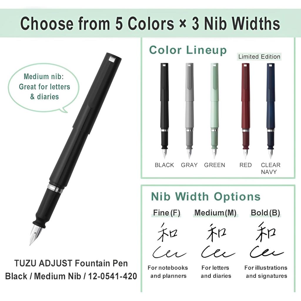 Sailor TUZU Adjust Fountain Pen Medium Nib Rotating Nib Natural Fit Grip with 2 Ink Cartridges and Converter Black 12-0541-420