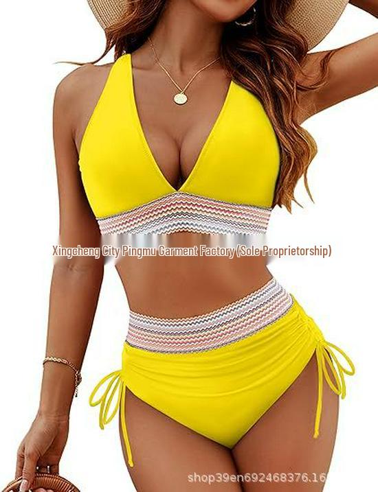 

Женское бикини халтер с высокой талией и контролем живота - Сексуальный европейский и американский стиль XL жёлтый