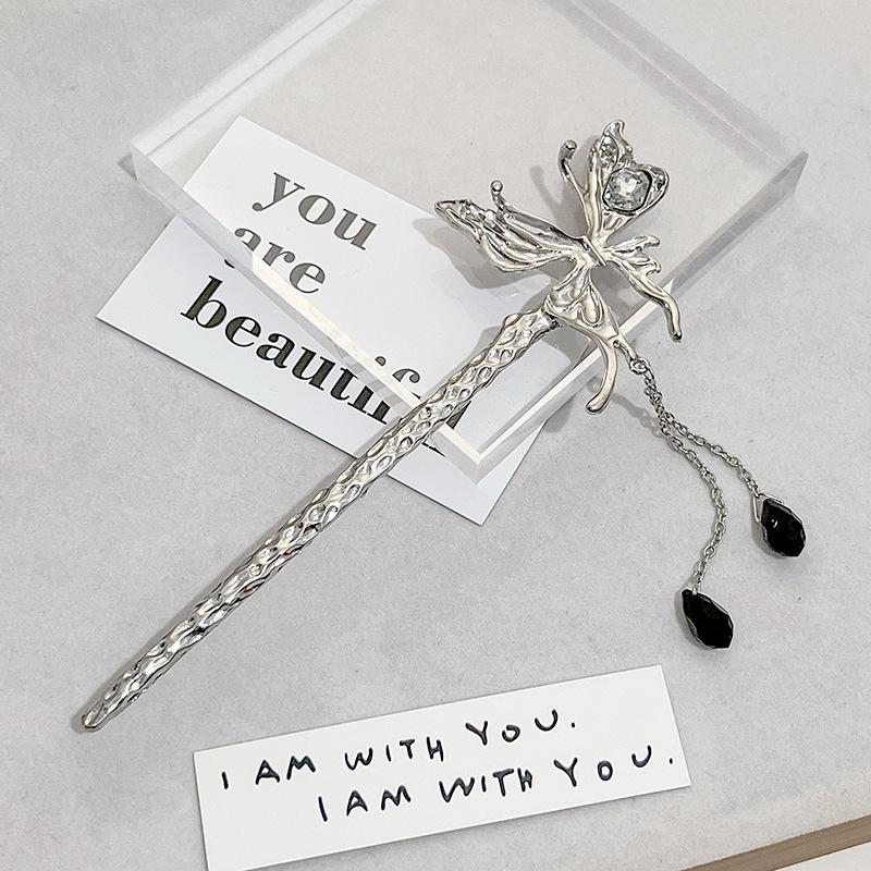 National Tide New Chinese Hairpin Liquid Metal Butterfly Hairpin Crescent Set Diamonds Vintage Bamboo Joints Tassel Hairpin Coiffure Hairpin