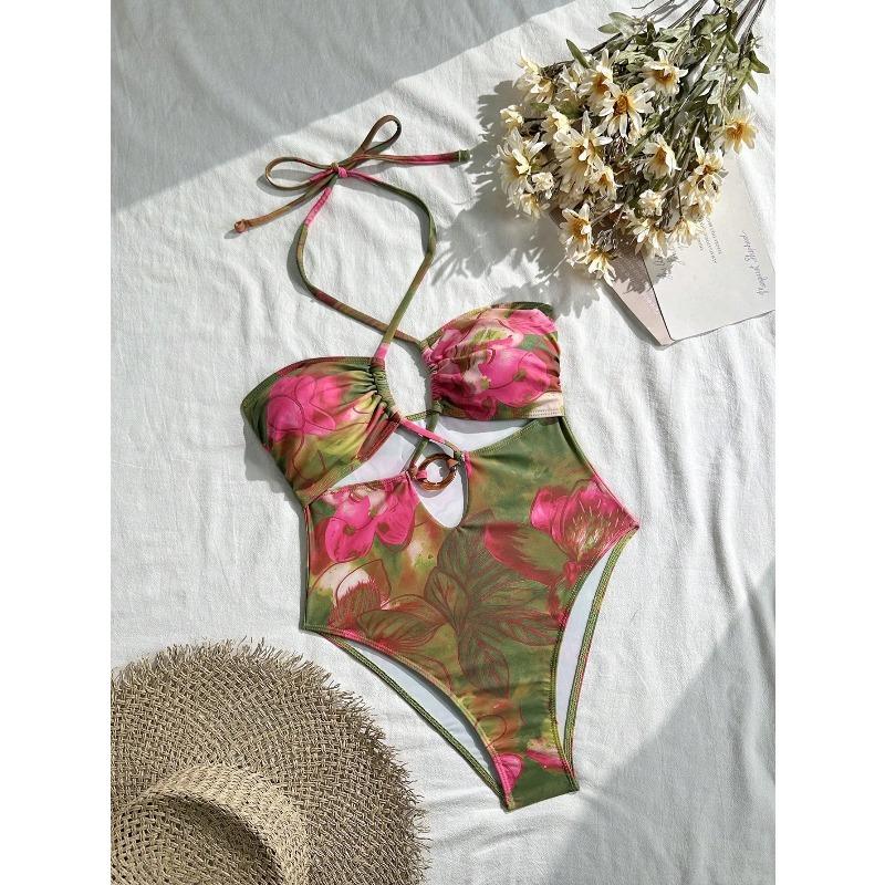 Summer Print Halter One Piece Swimsuits Women Swimwear Push Up Swimming Wear Body Bathing Suits Beachwear Pool Bather 2026 S