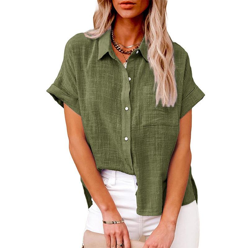 Summer Womens Casual Cotton Short Sleeve Shirt With Color Block Patching For Office Wear