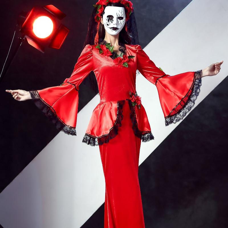 Scary Ghost Costume For Halloween Zombie Bride Retro Red Dress Cosplay