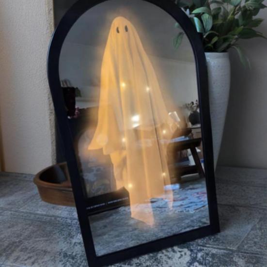 Halloween Ghost Mirror Spooky Hologram Ghost Skeleton Mirror with LED Light for Halloween Home Bedroom Decor