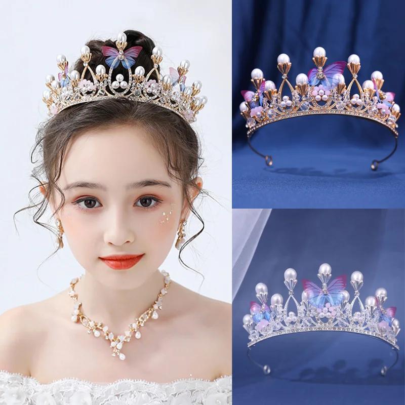 Children and Adults Romantic Butterfly Shape Princess Crown for Girls Handmade Rhinestone Tiara Pearl Headband for Birthday