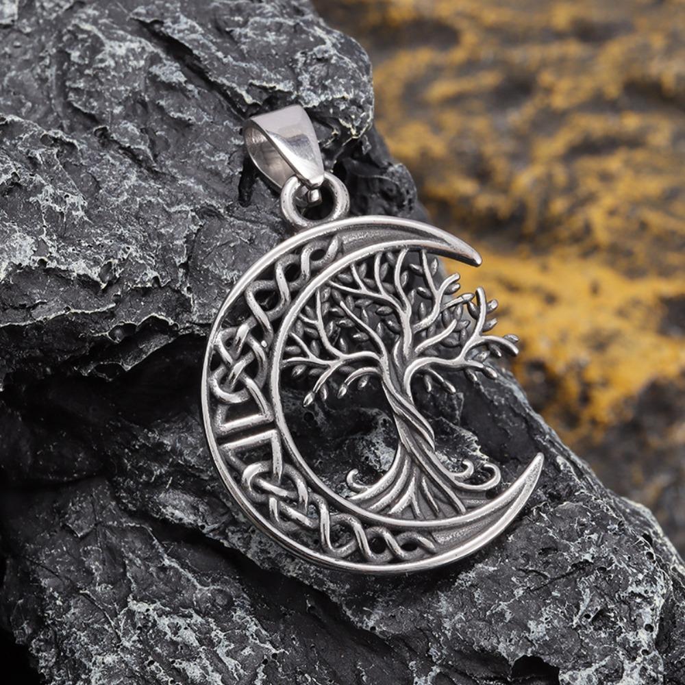 Viking Tree of Life Titanium Steel Pendant Moon Necklace Nordic Jewelry for Women Men