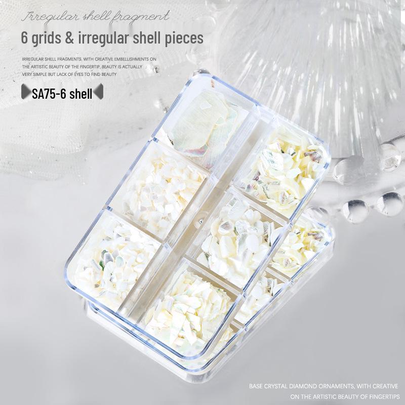 

Переливающийся нейл-арт с ракушкой абалона: Коробка с 6 отделениями из фрагментов и заплаток неправильного дроблёного камня