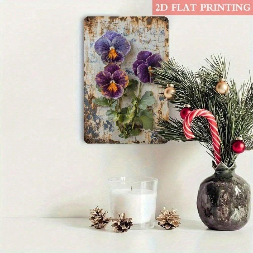 Vintage Metal Flower Wall Art, 8x12 Inch Purple Orange Floral Poster for Home Decor