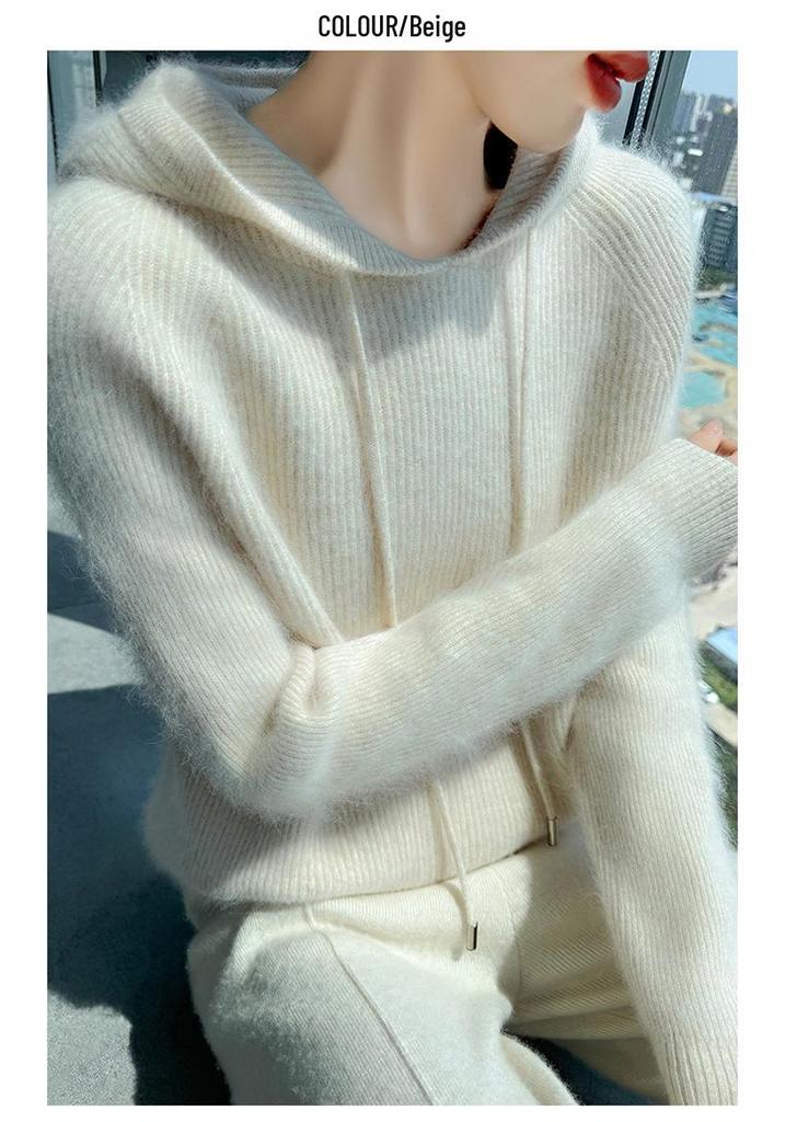 Women's Mink Velvet Hooded Sweater - Autumn/Winter Loose Fit, Slimming Knit Base Layer with Drawstring.