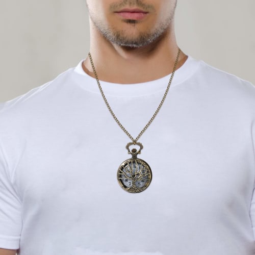 JewelryWe Pocket Watch Pendant with Tree of Life Skeleton, Retro Antique Style Analog Pocket Watch Necklace, Waterproof, for Men and Women, Perfect Fo