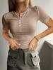 Women’s Short-sleeved Sweet and Fresh-looking Knitted Top with A Lace Collar Button Fastening and Ribbed Trim