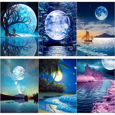 Pittura diamante 5D fai da te, ricamo a diamante chiaro di luna, paesaggio lunare, punto croce, trapano rotondo completo, decorazione per la casa, manuale, arte, regalo