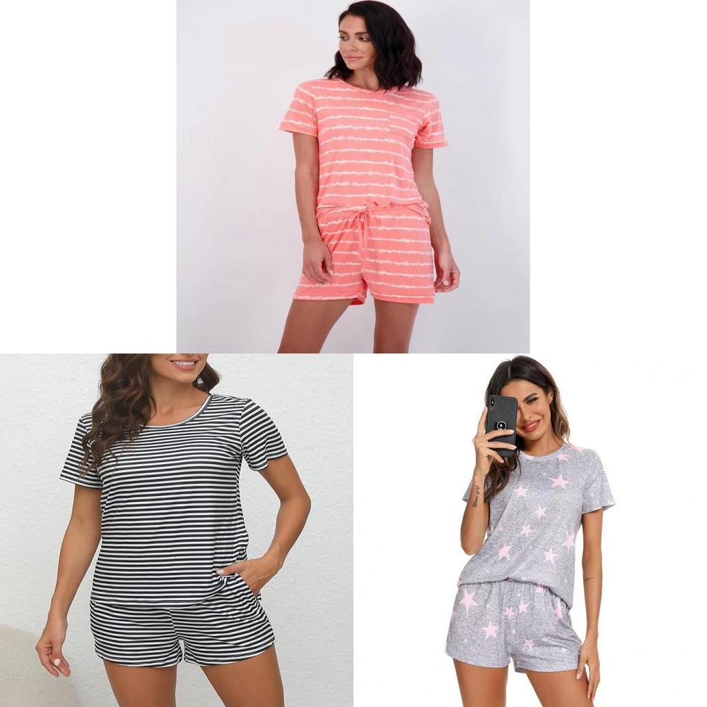 Womens Sleepwear Set With Short Sleeve Top And Shorts For Home And Lounge