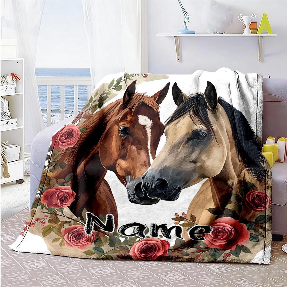 Vintage Horse Roses Personalized Name Blanket Throw Customizable Blanket Soft & Cozy Throw For Seaside Livingroom Office Chair Nap