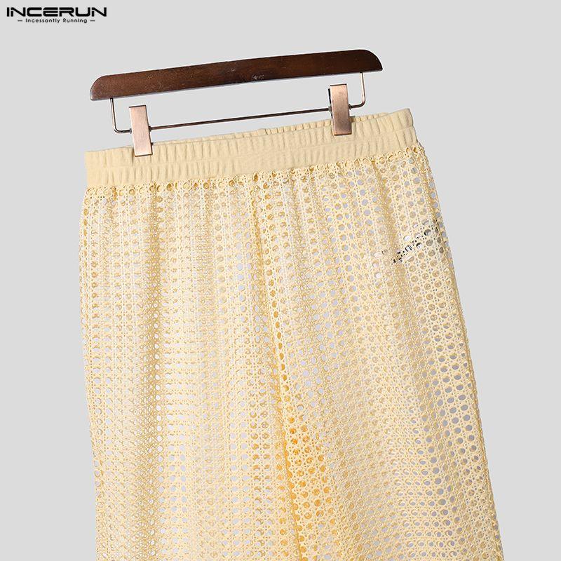 INCERUN Summer Men Beach Sets Sleeveless Hollow Tops Elastic Waist Pants Two-piece Suits