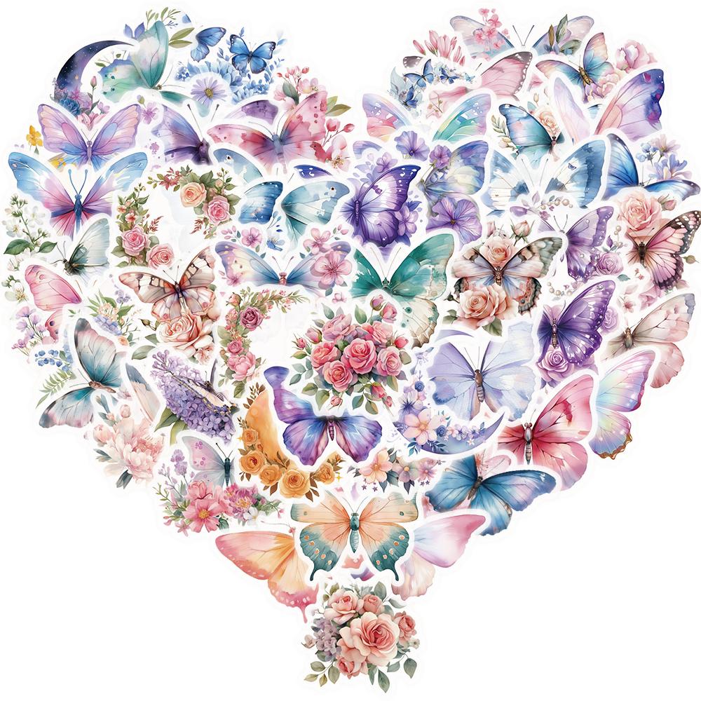 

50PCS Butterfly Flowers Stickers Exquisite PET Laptop Coffee Cake Creative Handbooks Phone Art Picture Decorative Sticker