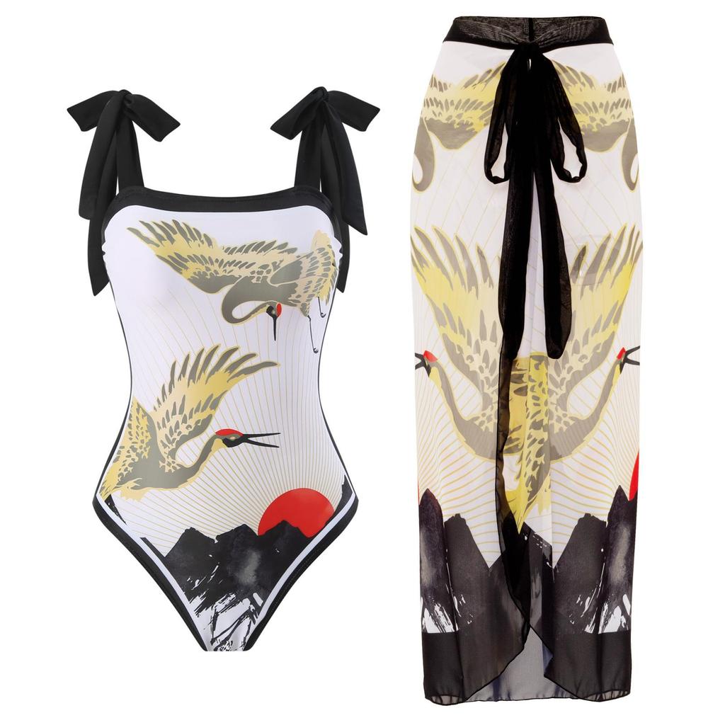 2Pcs/Set Women Printing Monokini with Skirt Sling Bandeau One-Piece Hot Spring Swimsuit with Beach Cover Up