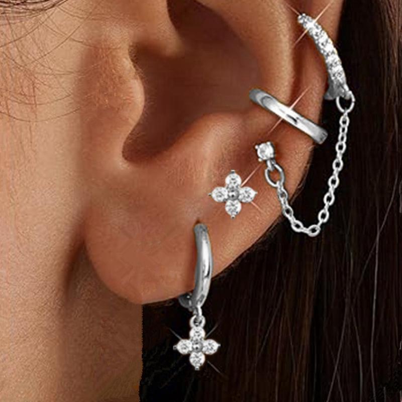 4PCS Double Piercing Chain Huggie Hoop Earring Lot For Women Tragus Stud Earrings Flower Cartilage Helix Jewelry Lobe Earing Set