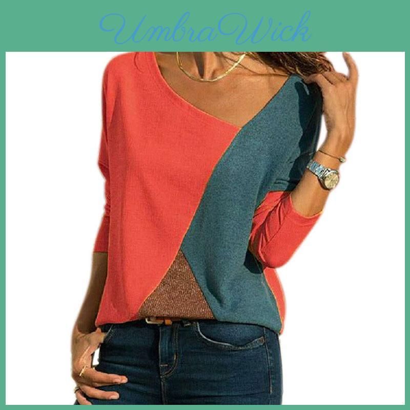 Comfortable Women T-shirts Long Sleeve Round Neck Patchwork Pullover Slim Fit Female Tops