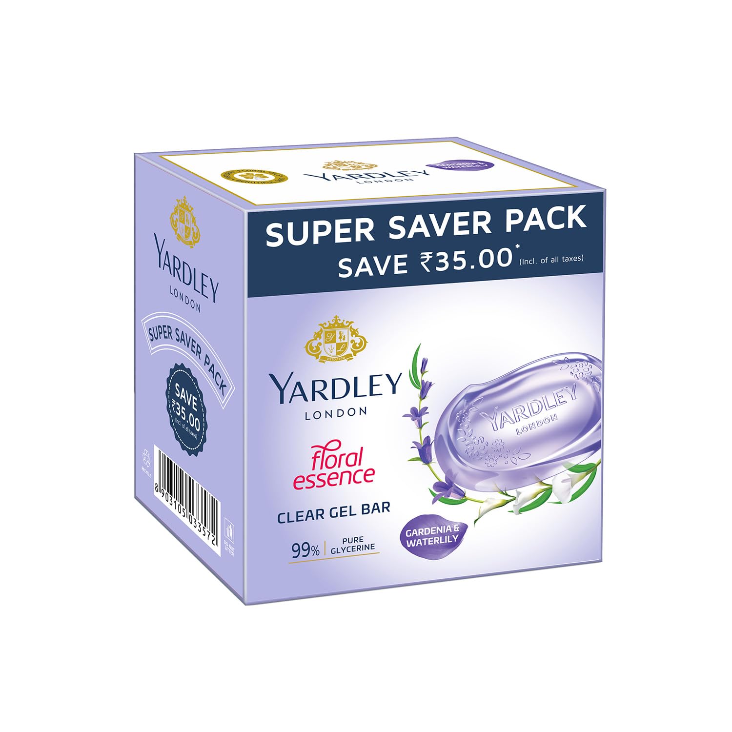 

Yardley London Clear Gel Bar Gardenia And Waterlily Soap With Glycerin For Soft Smooth Skin Gentle Bathing Luxury 125G X 3N