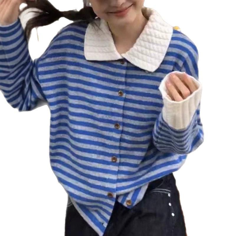 European Women's Striped Polo Collar Sweater - Autumn/Winter 2026 Long Sleeve Knit Petite Top