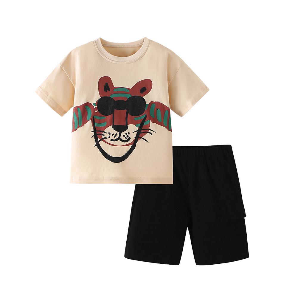 Cartoon Tiger Children s Short Sleeve Set - Spring/Summer Two-Piece with Round Neck 130cm