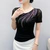 New Summer Women's T-shirt Sexy Skew Collar Shiny Diamonds Tees Fashion Female Short Sleeves Slim Mesh Tops Blouse