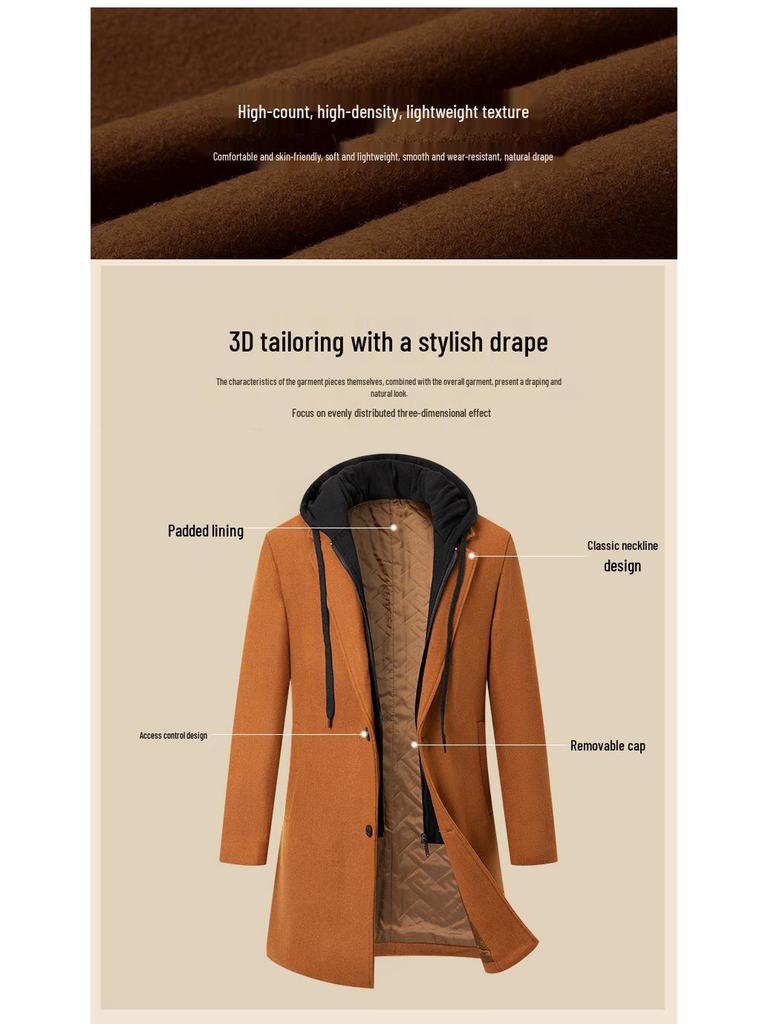 Men's Hooded Mid-Length Woolen Fashion Coat