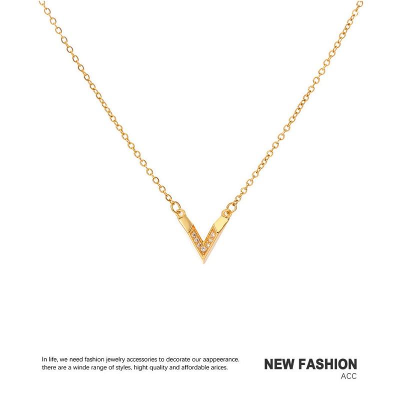Ins Style Simple V Shaped Diamond Pendant Titanium Steel Clavicle Necklace For Women