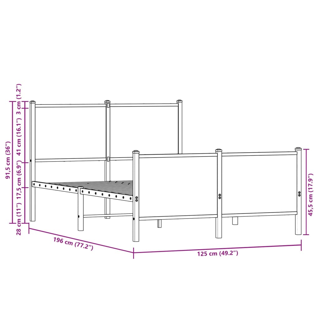Metal Bed Frame without Mattress Sonoma Oak Finish 120 x 190 cm
