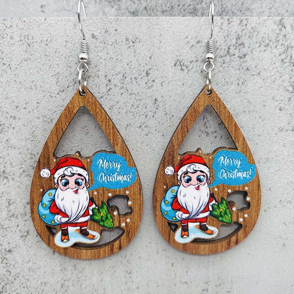 1 Pair of Christmas Holiday Ornaments Santa Bells Red Car Drops Wooden Earrings Christmas Ornaments