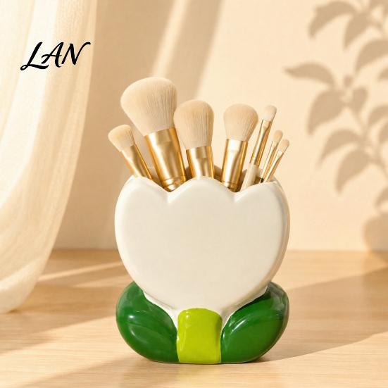 Desktop Storage for Eyebrow Pencils Tulip Makeup Brush Holder, Resin Cosmetic Organizer Vanity Desk, Cute Flower Pen Decorative Bud Container