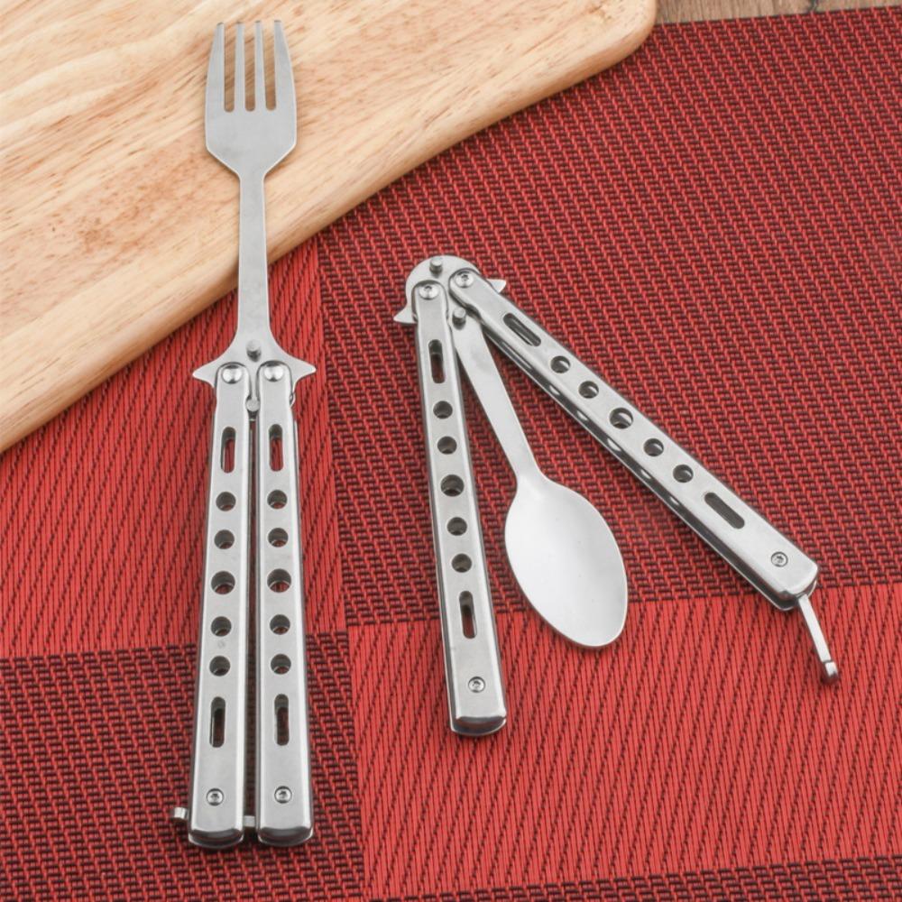 Stainless Steel Butterfly Cutter Style Folding Spoon Rust-proof Portable Spoon Forks Outdoor