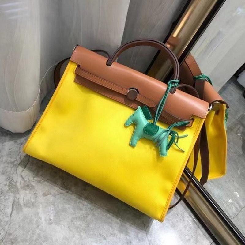 Geantă de umăr din piele de vacă/pânză impermeabilă de 31 cm, din piele naturală, cu geantă de mână de culoare contrastantă