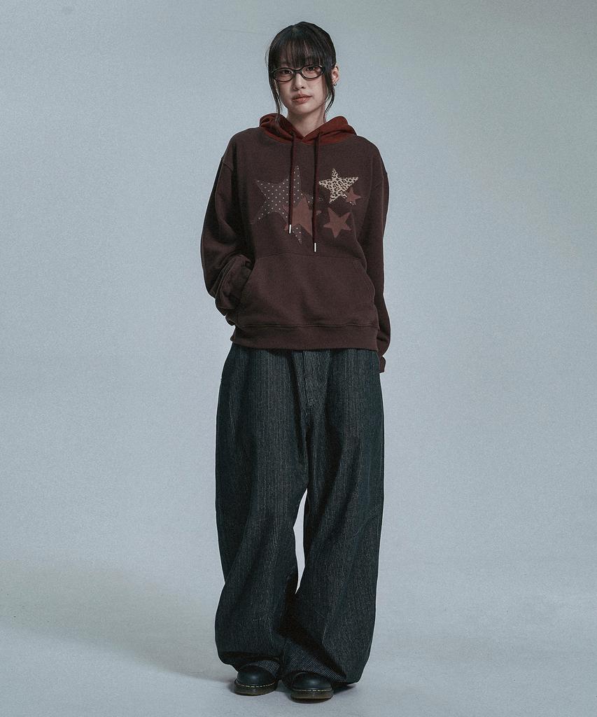 Multi Star Applique Color Block Hoodie - Chocolate Brown