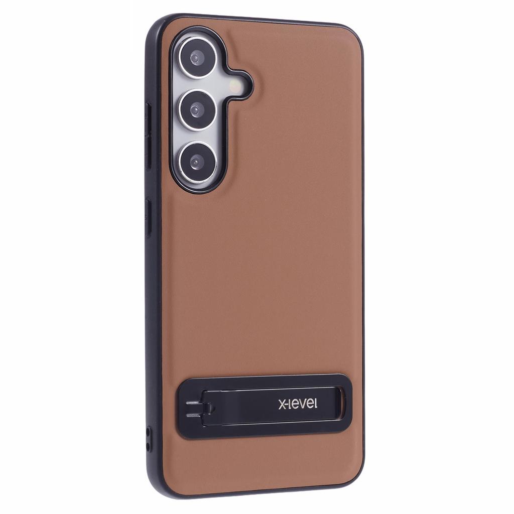 X-LEVEL For Samsung Galaxy S25 Phone Case Leather Coated PC TPU Back Cover with Metal Kickstand