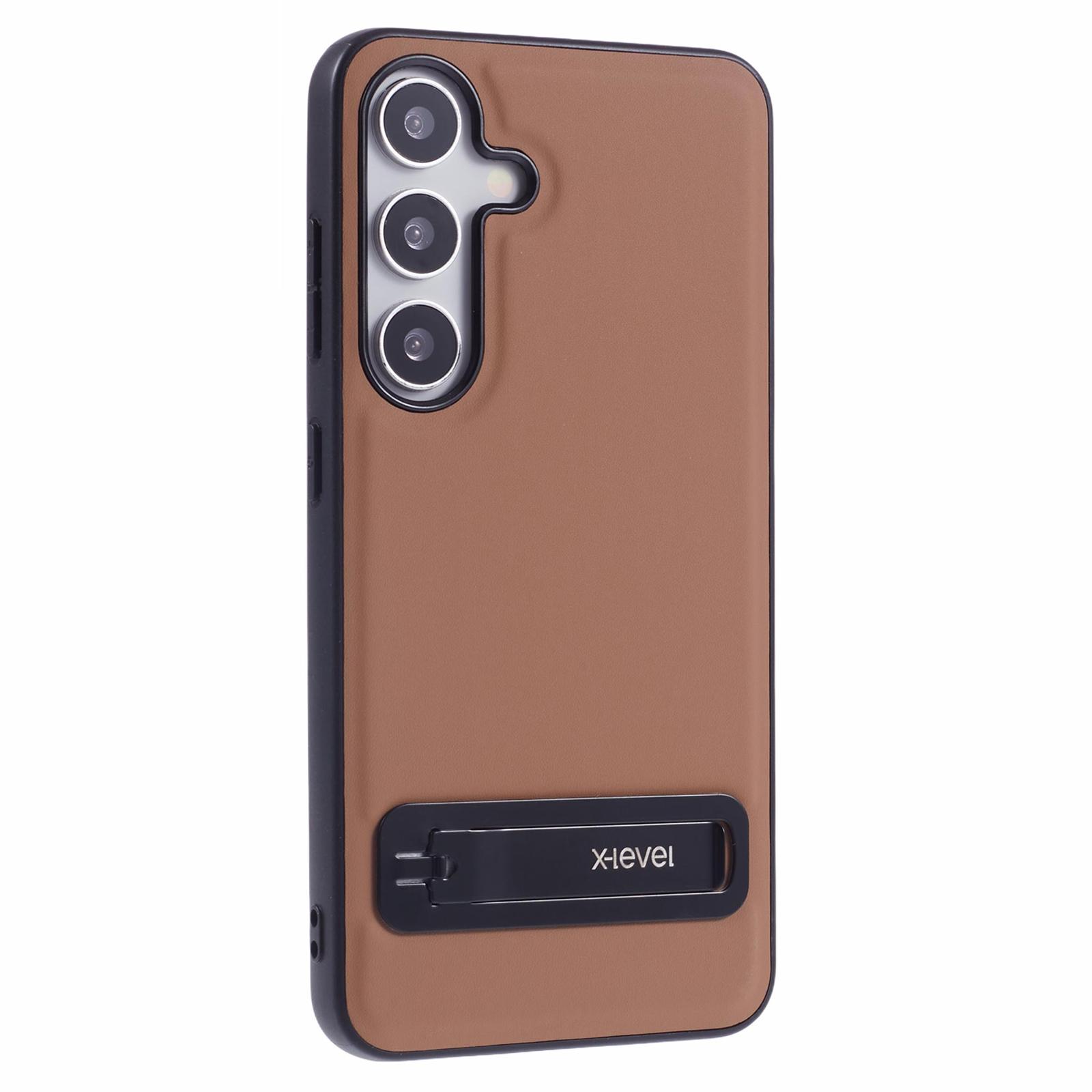 

X-LEVEL Чохол для телефону Samsung Galaxy S25 Шкіряне покриття PC TPU Задня кришка з металевою підставкою Brown