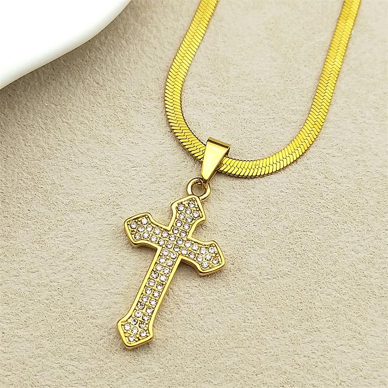 Christian Cross Rhinestones Pendant Necklace for Women Men Gold Color Stainless Steel Catholic Blade Chain Amulet Jewelry