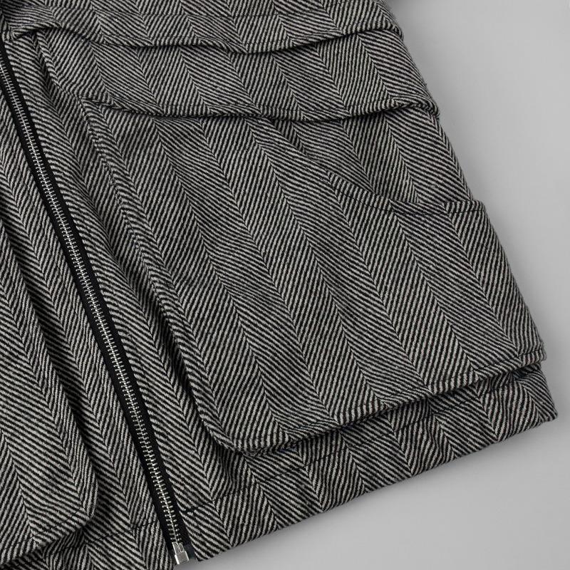 Women Loose Stand Collar Zipper Pocket Herringbone Long Sleeve Jacket Coat