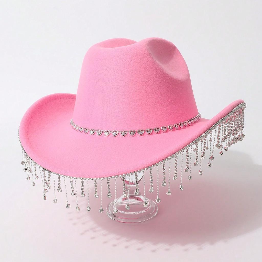 Women's Gender-neutral Western Cowboy Hat, Water Drop Gem Medium Chain with Rhinestone Tassel European and American Hats, Bridal Top Hats