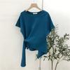 Camiseta de manga corta con cuello redondo y dobladillo Irregular para mujer, Jersey holgado elástico fino de Color sólido, parte de arriba ropa informal