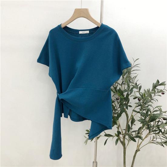 O-Neck Short Sleeve Irregular Hem Women T-shirt Elastic Thin Summer Solid Color Loose Pullover Top Streetwear