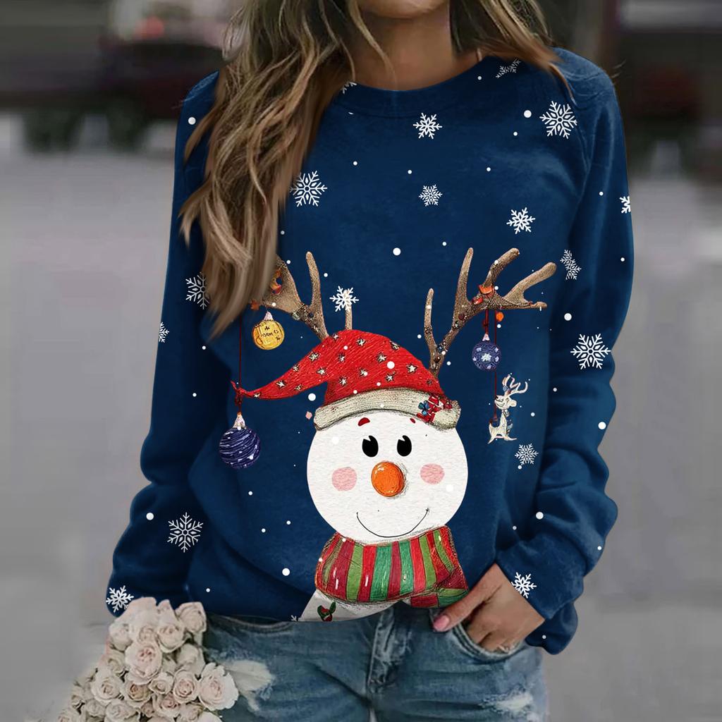 Women's Fashion Casual Long Sleeve Christmas Printed Neck Sweatshirt Top
