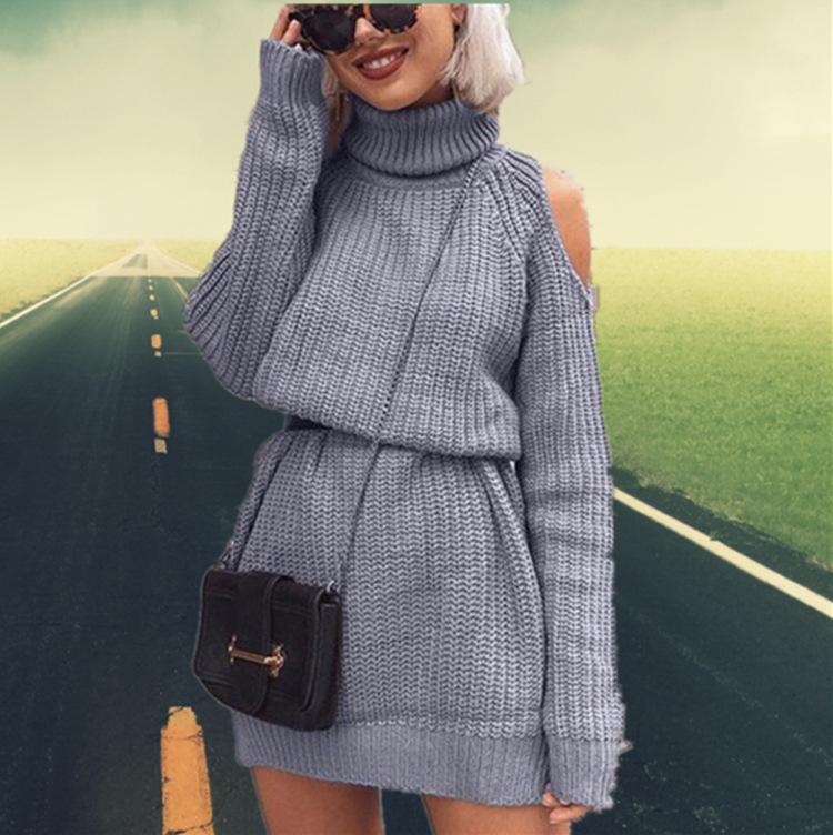 

2025 Европейское и американское осенне-зимнее трикотажное платье-свитер с открытыми плечами и высоким воротом. XL серый