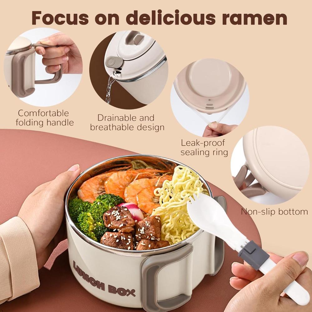 Lidded Handle Ramen Bowl with Stainless Steel Inner Container Microwave Safe Lunch Box for Instant Noodles Cooking Device