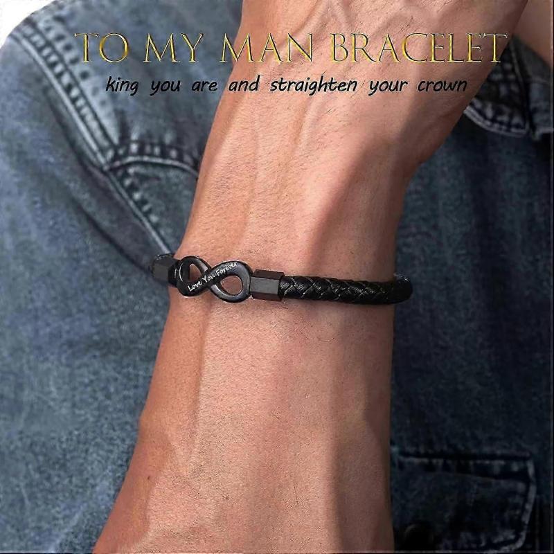 To My Man, I Love You Forever & Always Infinity Leather Bracelet, Mens Stainless Braided Leather Bracelet with Magnetic Clasp, Christmas Birthday Vale