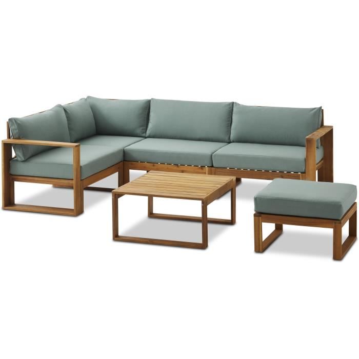 Modular Corner Garden Set LEVATA OTTOMAN - FSC Acacia Wood - 6 People - Blue Green + Cover Included