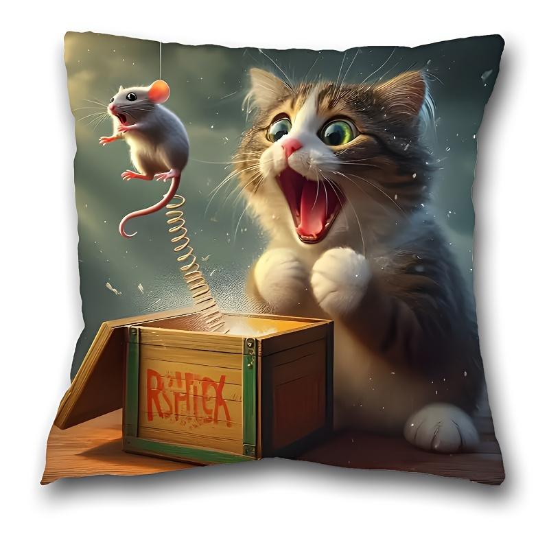 1 Stück Kissenbezug mit Traumkatze und Maus, Mittelalterliches Modernes Lustiges Cartoon-Design, Reißverschluss, Polyester Dekorative Kissenhülle Für Li